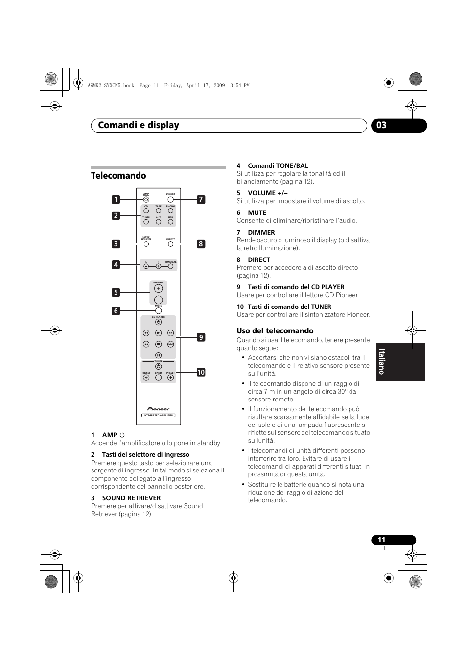 Telecomando, Uso del telecomando, Comandi e display 03 | Pioneer A-A9MK2-K User Manual | Page 83 / 128