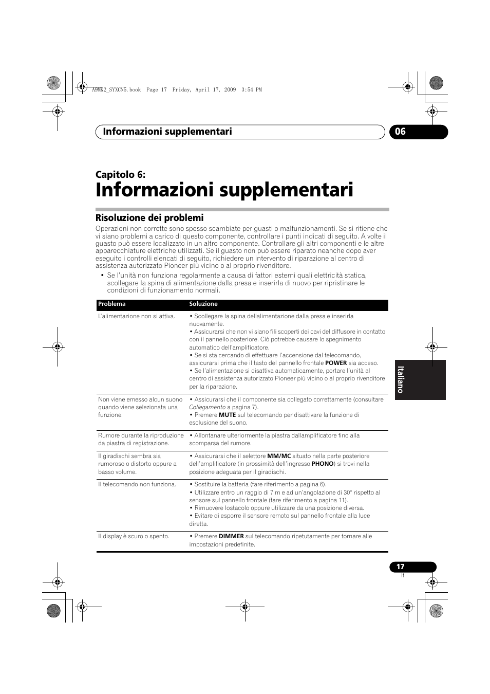 Risoluzione dei problemi, Informazioni supplementari, Informazioni supplementari 06 | Capitolo 6 | Pioneer A-A9MK2-K User Manual | Page 89 / 128