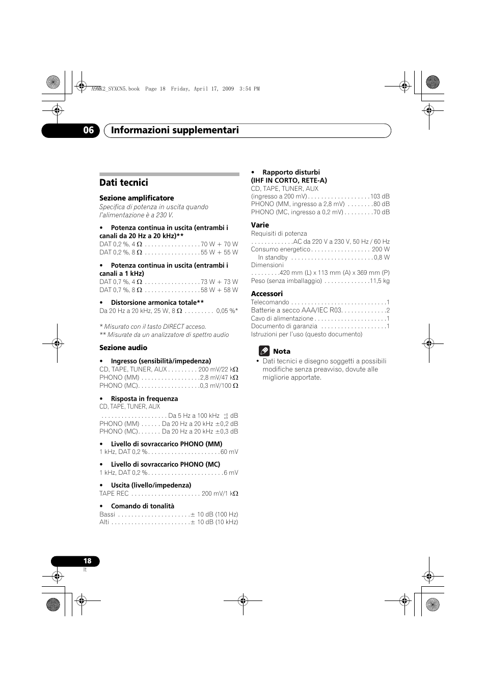 Dati tecnici, Informazioni supplementari 06 | Pioneer A-A9MK2-K User Manual | Page 90 / 128