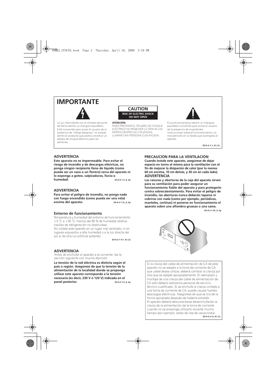Importante, Caution | Pioneer A-A9MK2-K User Manual | Page 92 / 128