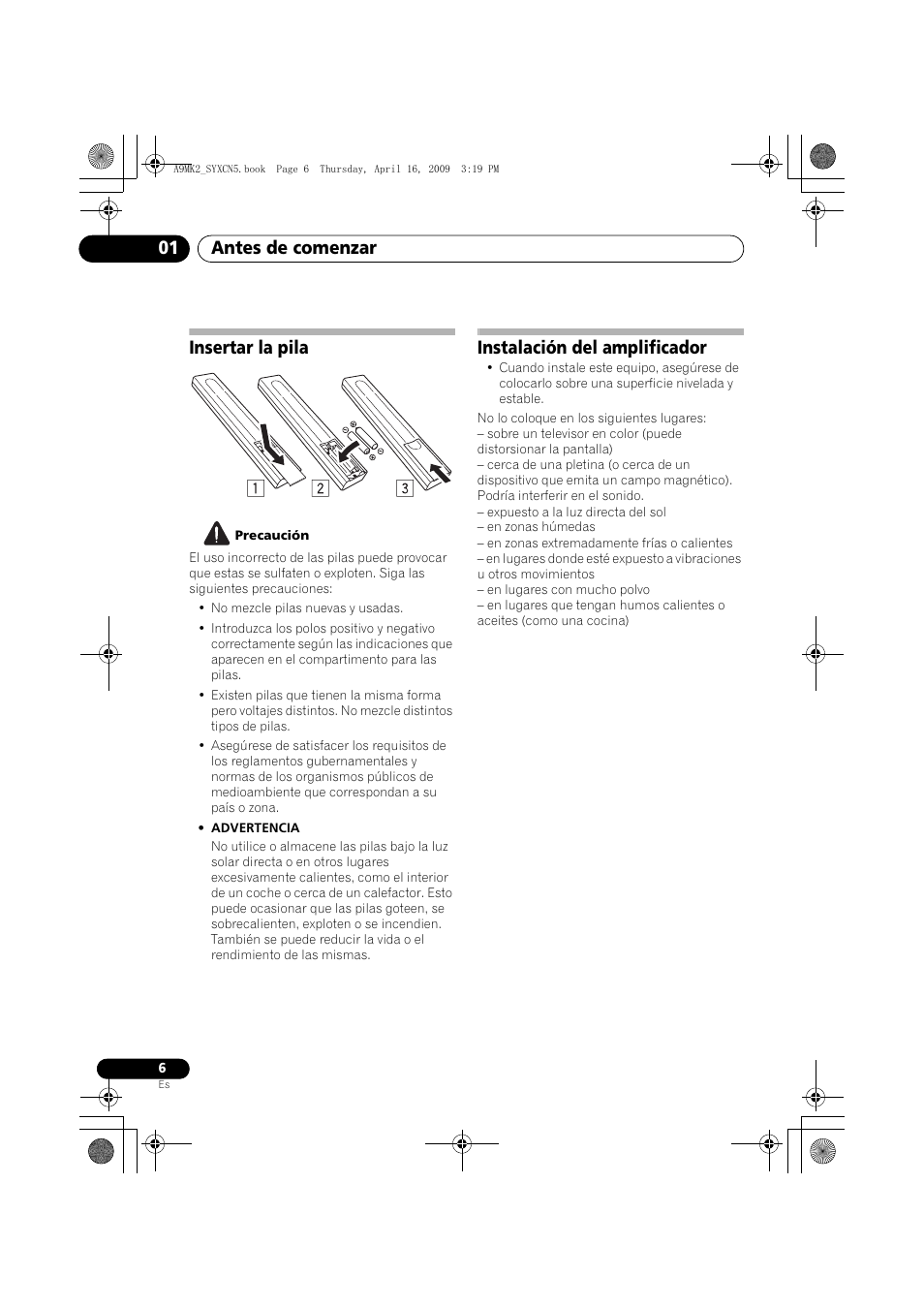 Insertar la pila, Instalación del amplificador, Antes de comenzar 01 | Pioneer A-A9MK2-K User Manual | Page 96 / 128