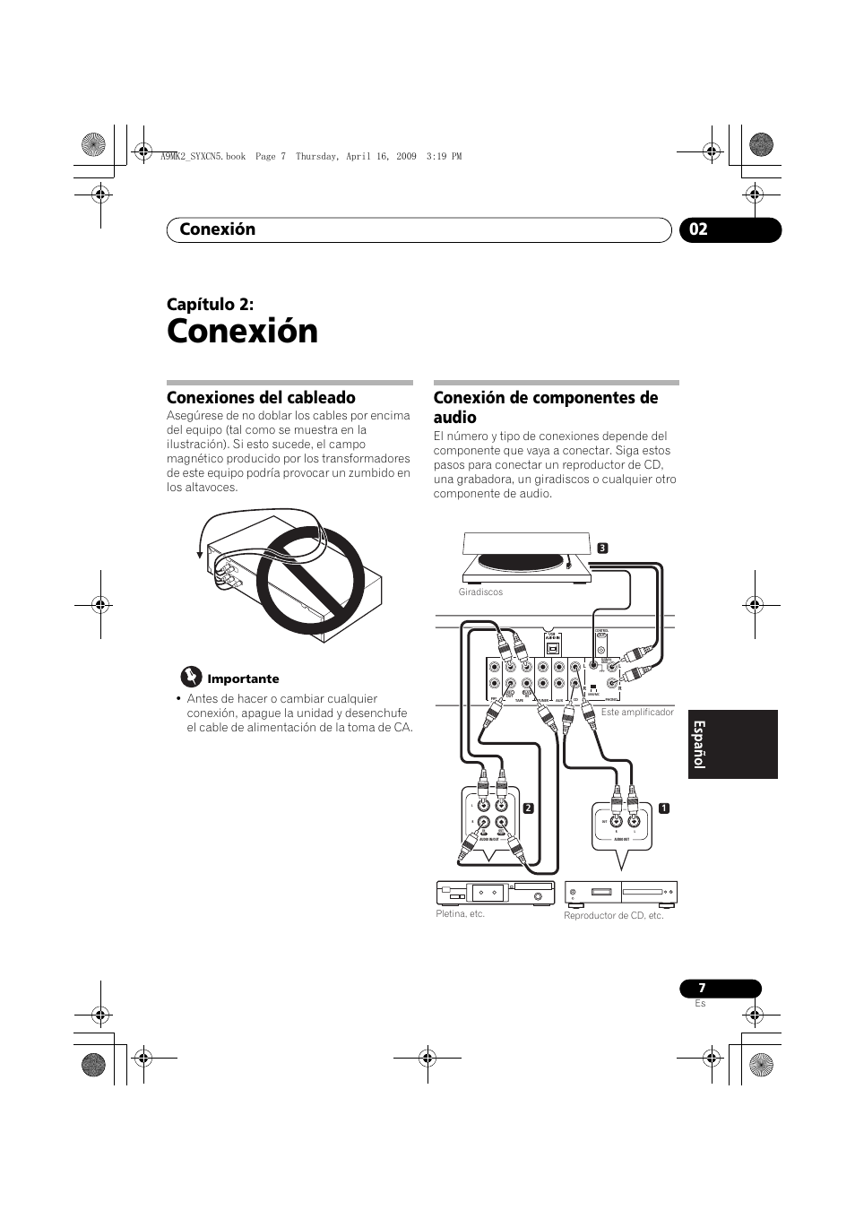 Conexiones del cableado, Conexión de componentes de audio, Conexión | Conexión 02, Capítulo 2 | Pioneer A-A9MK2-K User Manual | Page 97 / 128