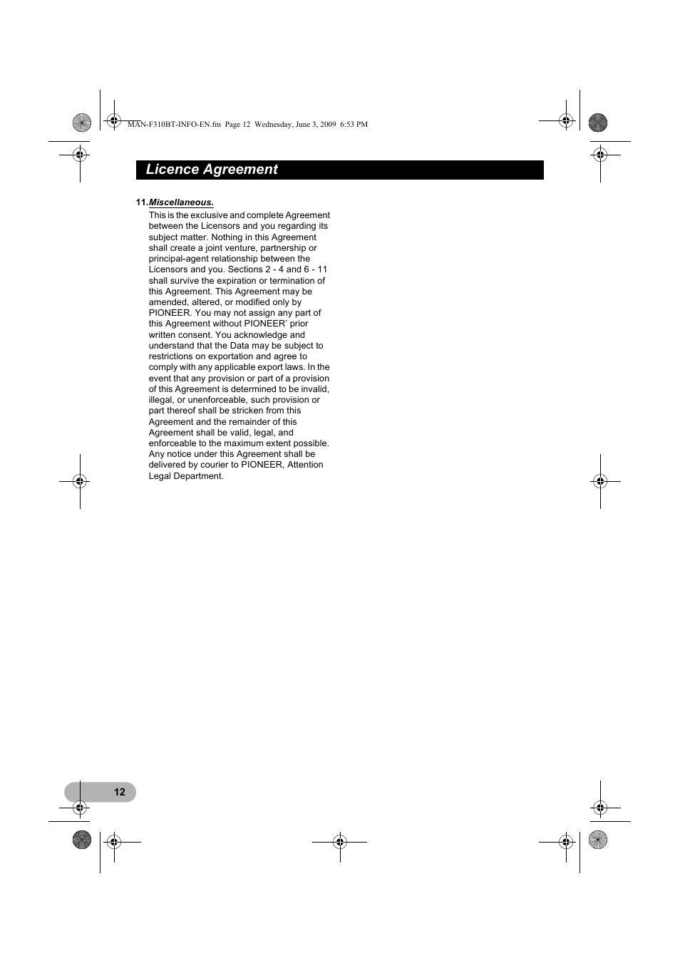 Licence agreement | Pioneer AVIC-F310BT User Manual | Page 12 / 20