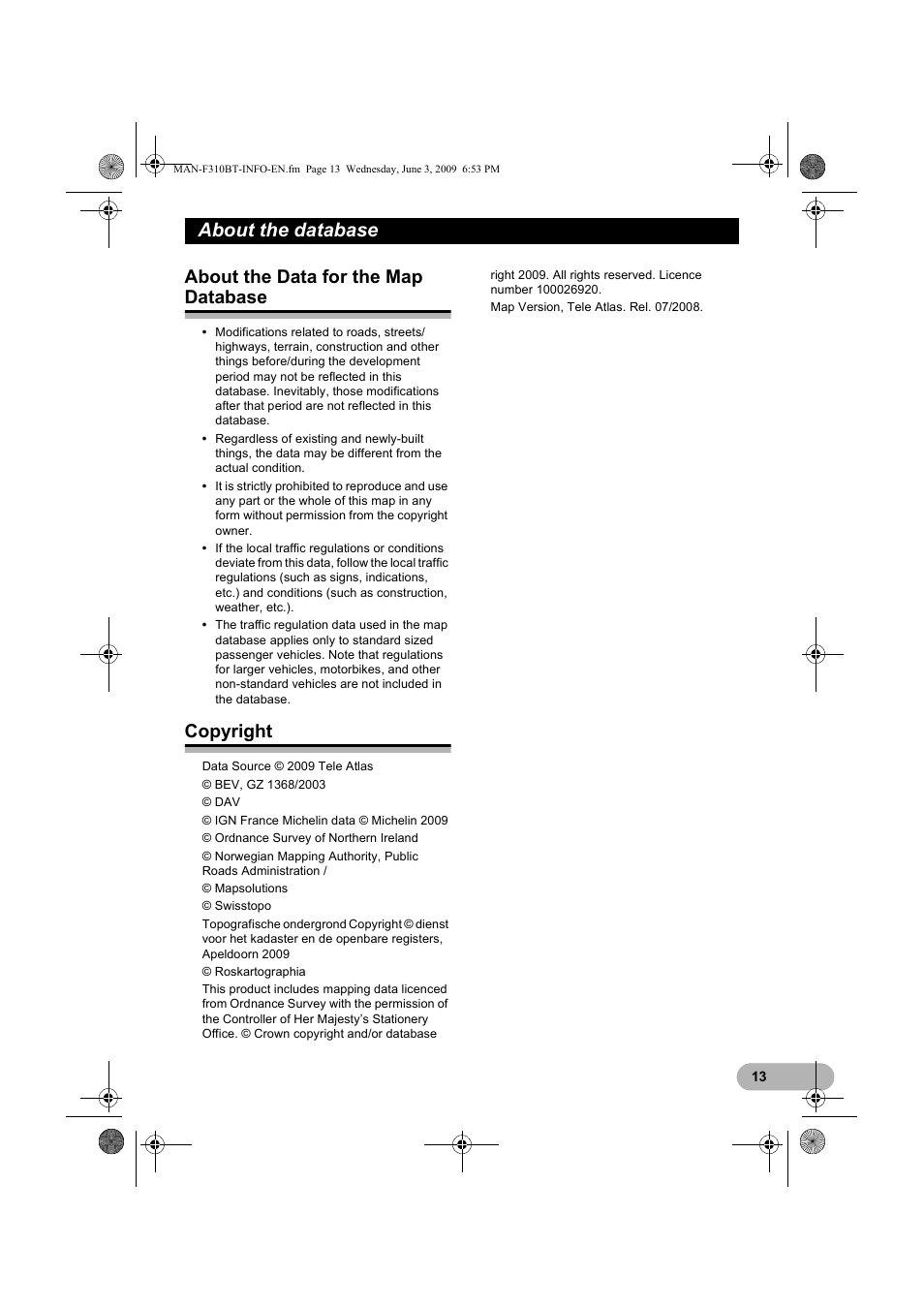 About the database, About the data for the map database, Copyright | Pioneer AVIC-F310BT User Manual | Page 13 / 20