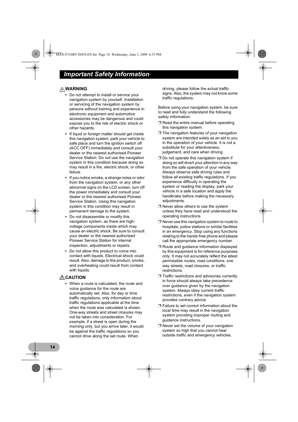 Important safety information | Pioneer AVIC-F310BT User Manual | Page 14 / 20