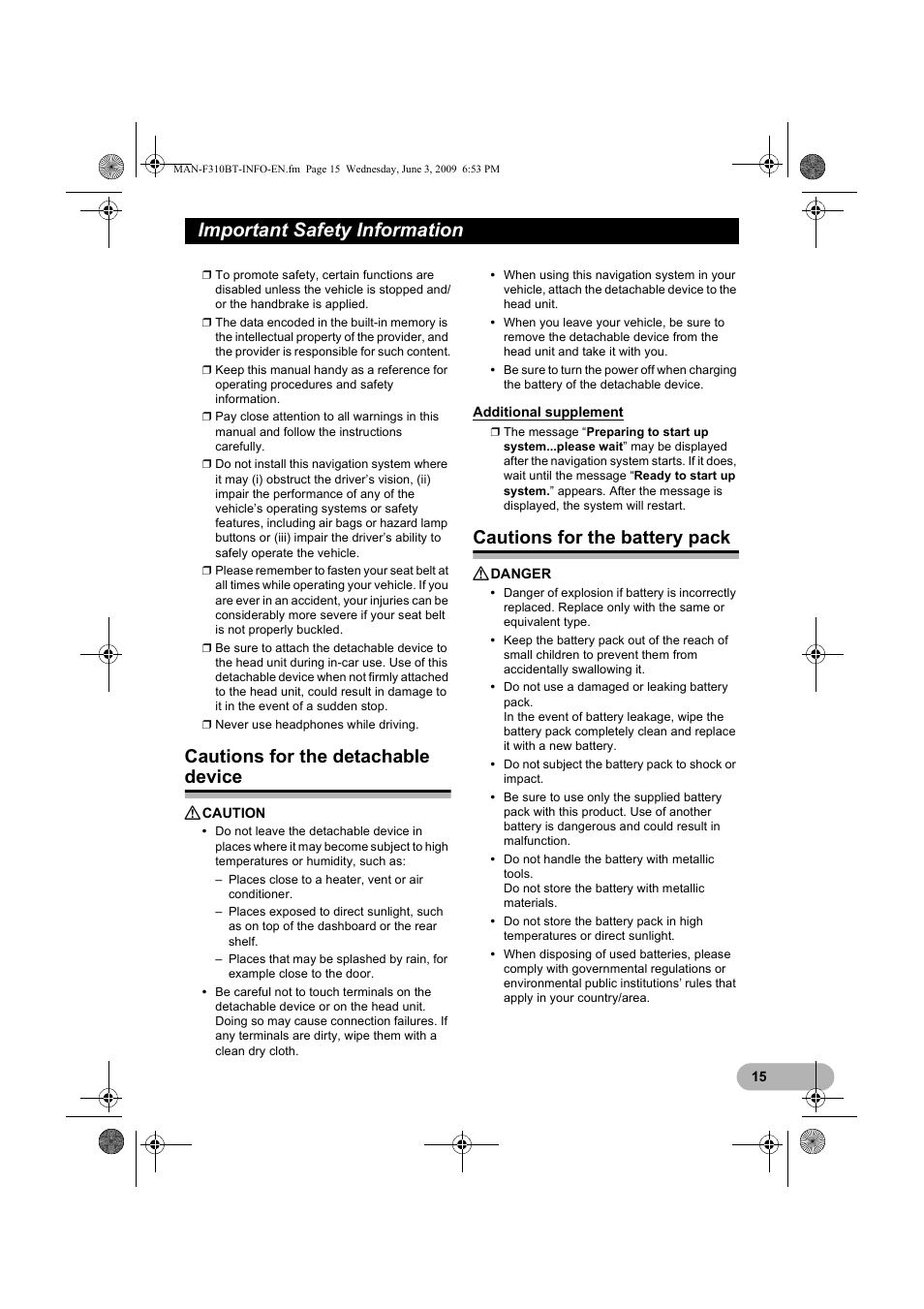 Cautions for the detachable device, Additional supplement, Cautions for the battery pack | Important safety information | Pioneer AVIC-F310BT User Manual | Page 15 / 20