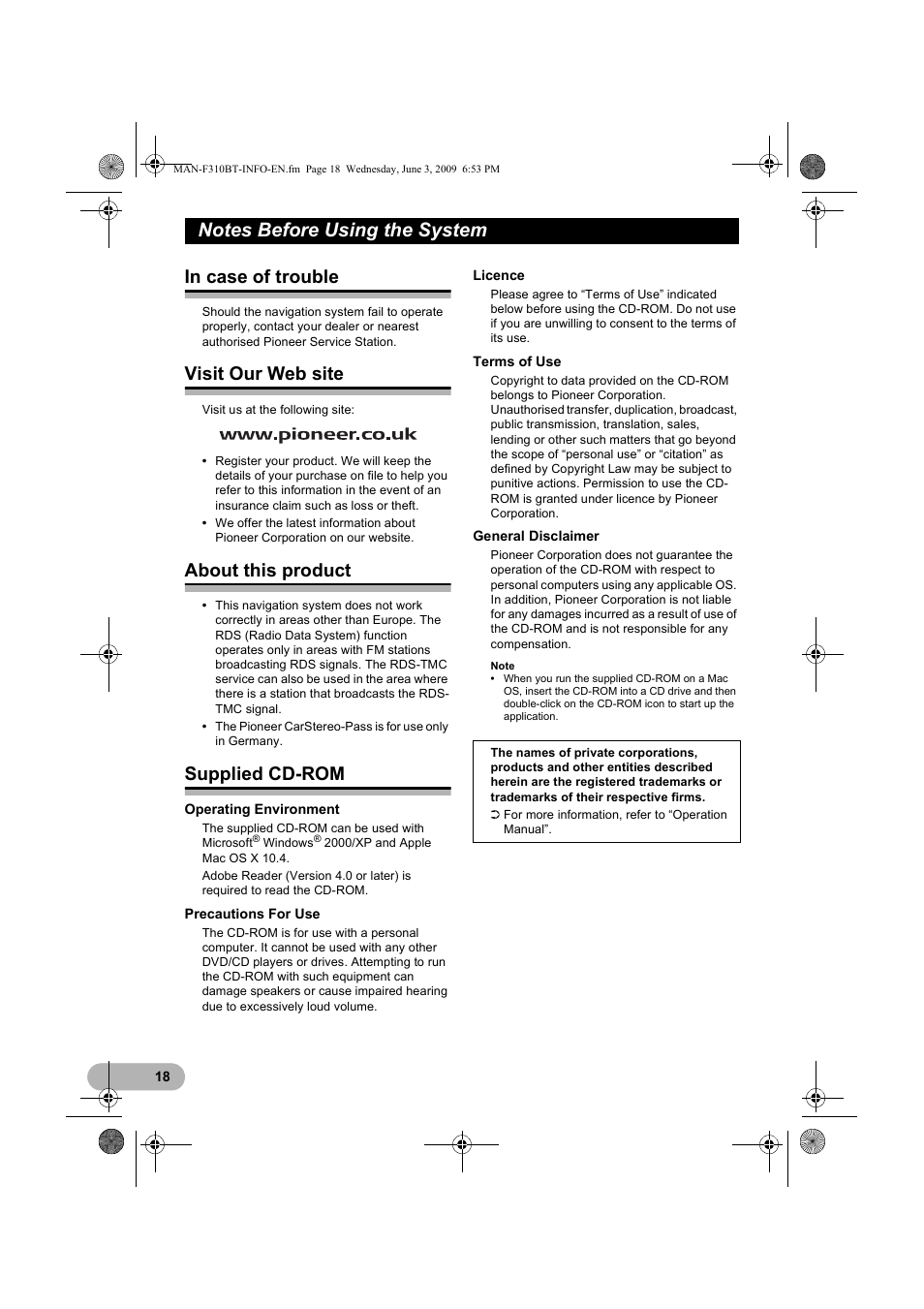 Notes before using the system, In case of trouble, Visit our web site | About this product, Supplied cd-rom | Pioneer AVIC-F310BT User Manual | Page 18 / 20