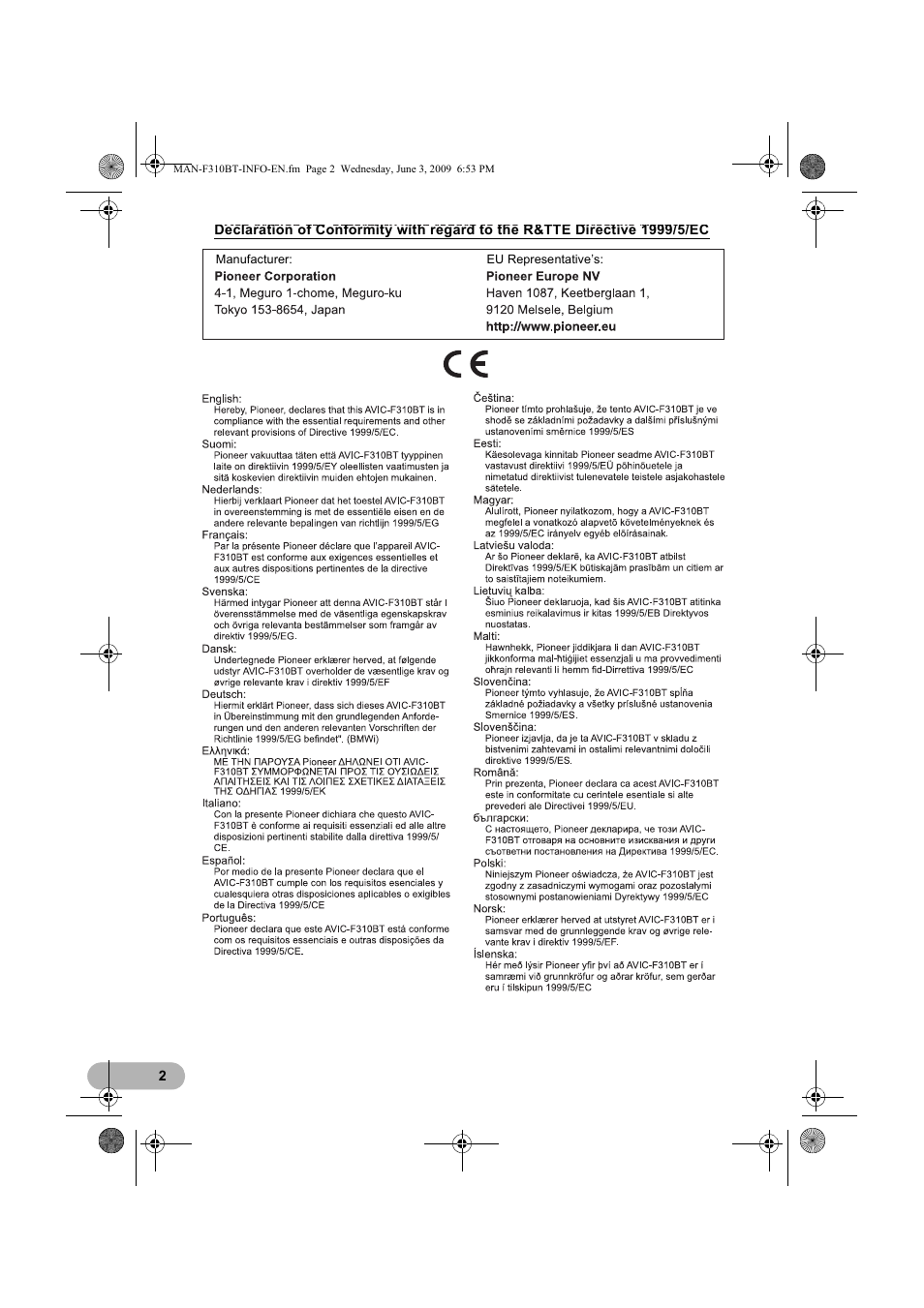 Pioneer AVIC-F310BT User Manual | Page 2 / 20