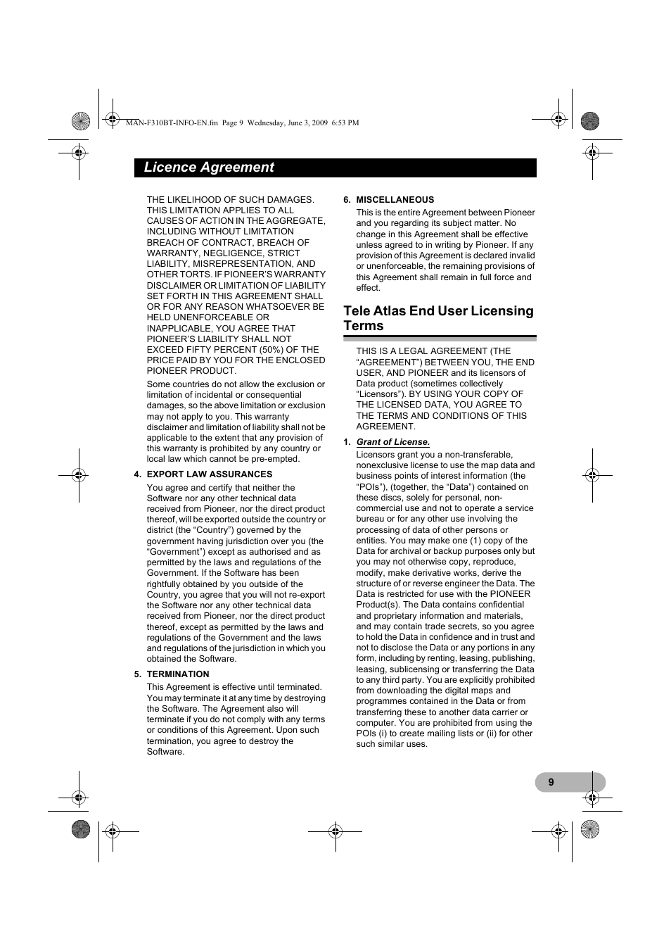 Tele atlas end user licensing terms, Licence agreement | Pioneer AVIC-F310BT User Manual | Page 9 / 20