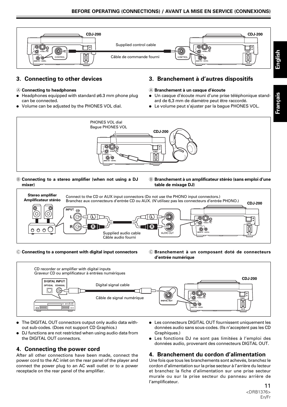 English fran ç ais 3. connecting to other devices, Connecting the power cord, Branchement à d’autres dispositifs | Branchement du cordon d’alimentation | Pioneer CDJ-200 User Manual | Page 11 / 92