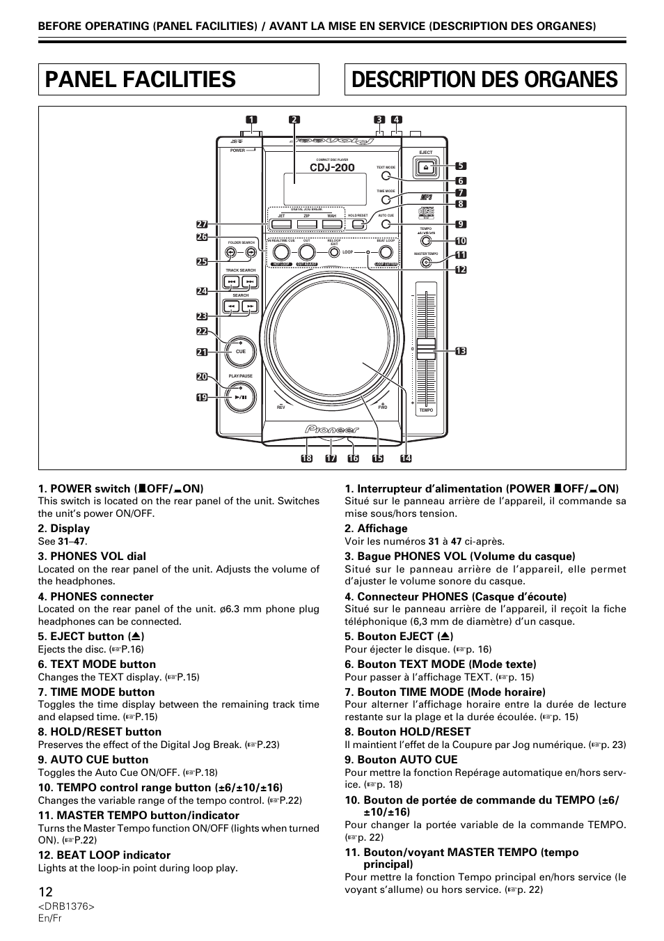 Panel facilities, Description des organes, Power switch ( — off/ _ on) | Display, Phones vol dial, Phones connecter, Eject button ( 0 ), Text mode button, Time mode button, Hold/reset button | Pioneer CDJ-200 User Manual | Page 12 / 92