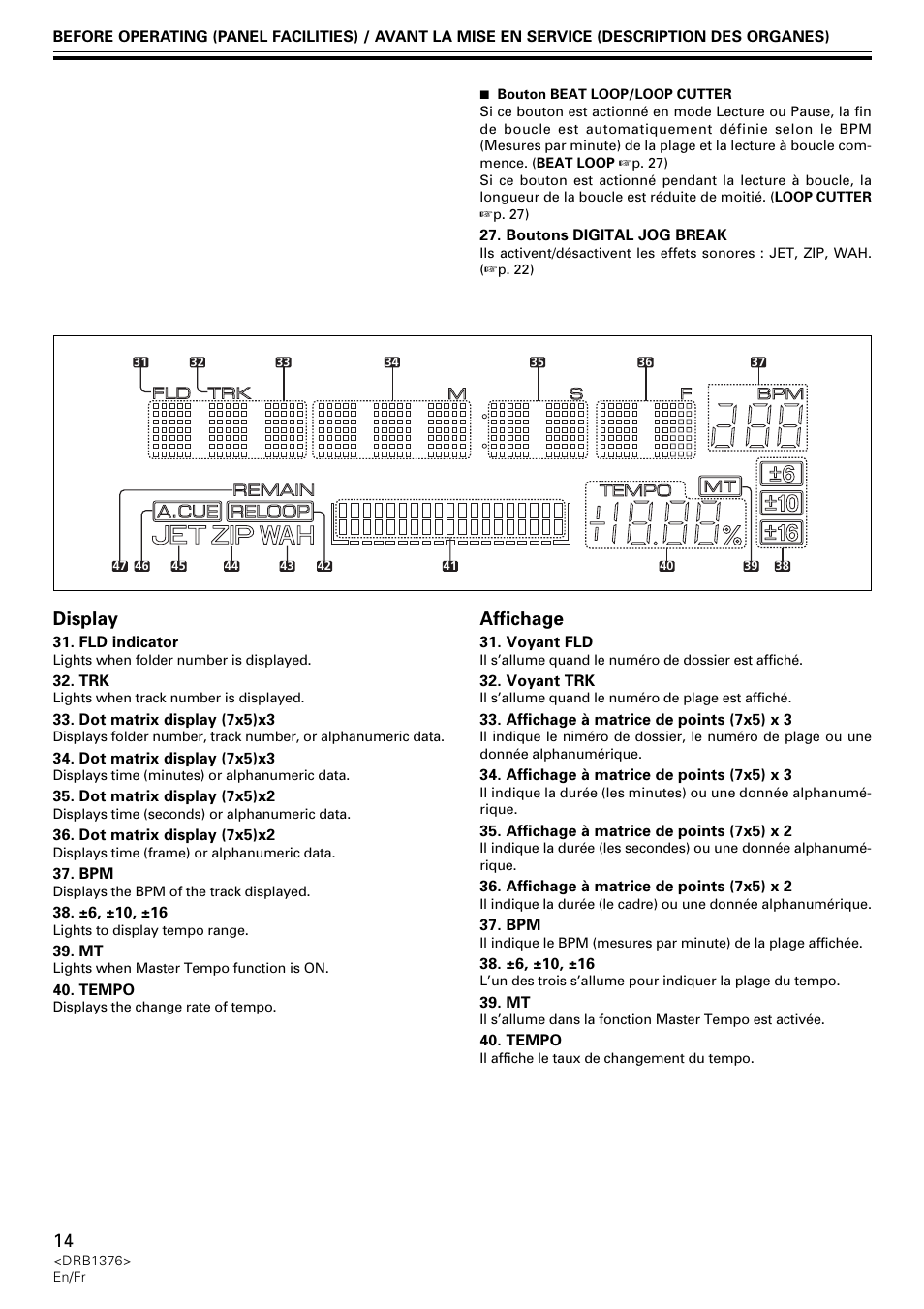 Display, Affichage | Pioneer CDJ-200 User Manual | Page 14 / 92