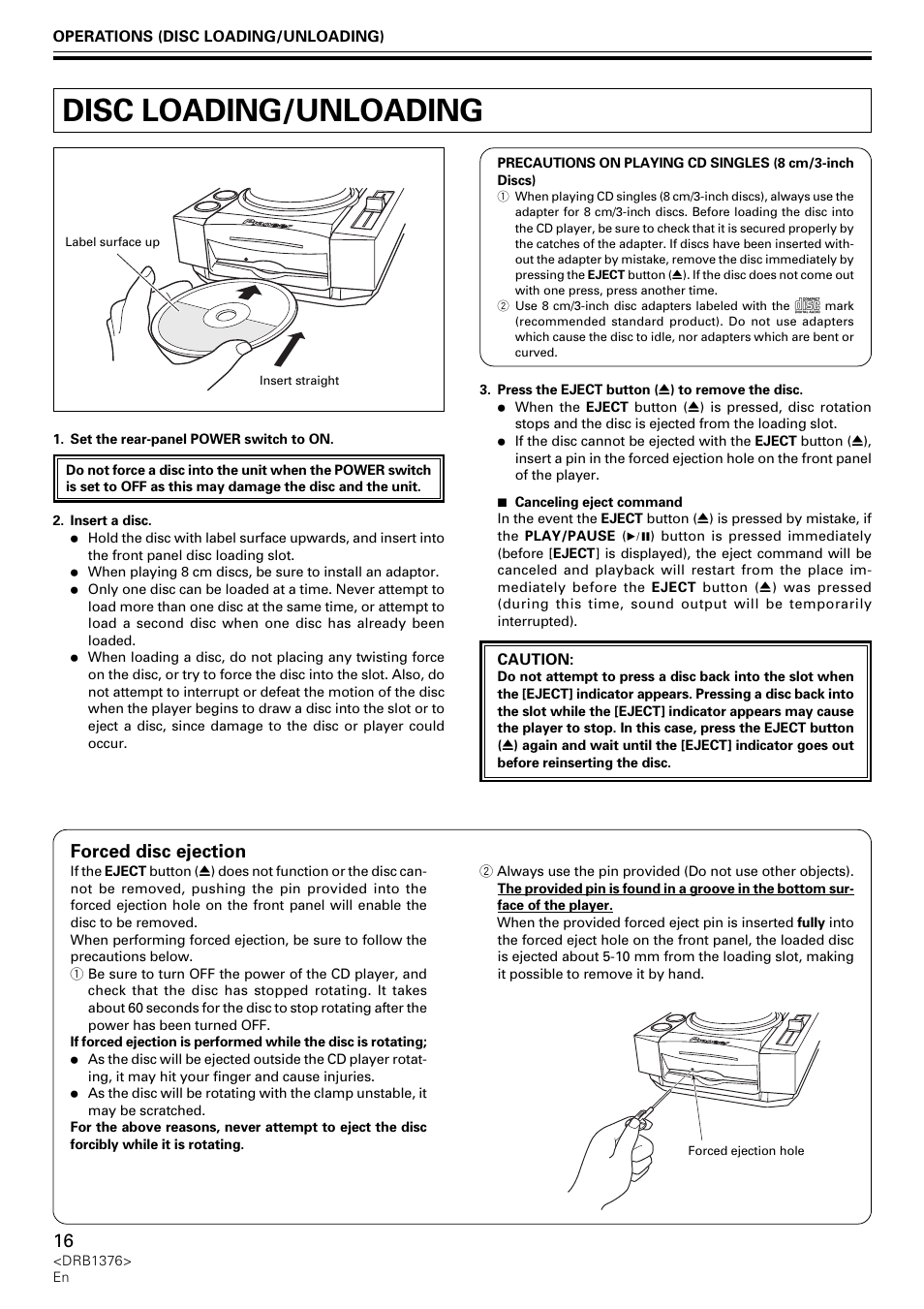 Disc loading/unloading, Forced disc ejection | Pioneer CDJ-200 User Manual | Page 16 / 92