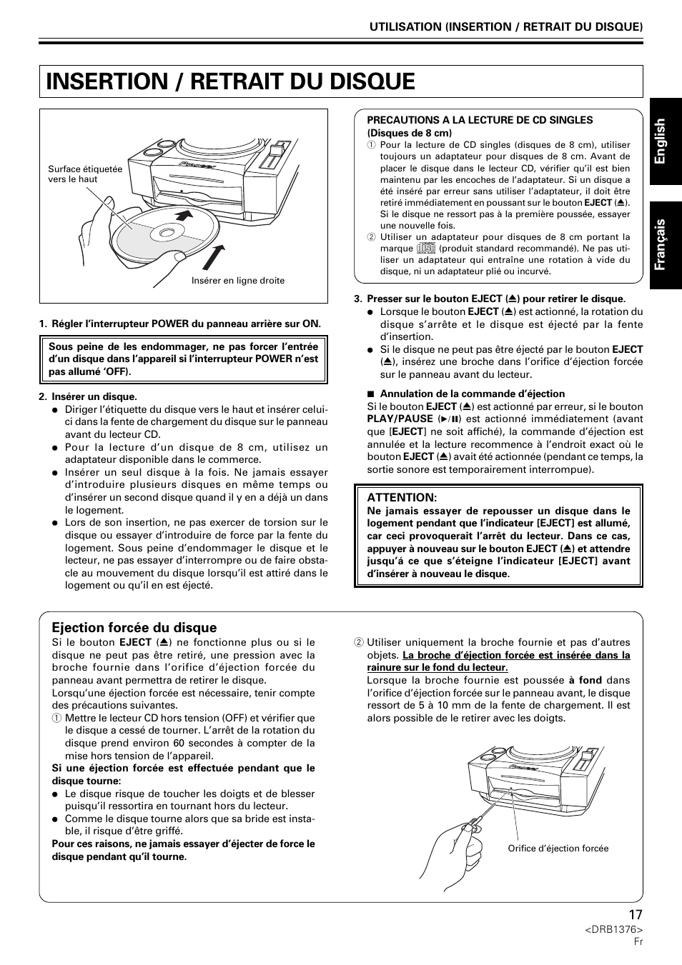 Insertion / retrait du disque, English français, Ejection forcée du disque | Pioneer CDJ-200 User Manual | Page 17 / 92