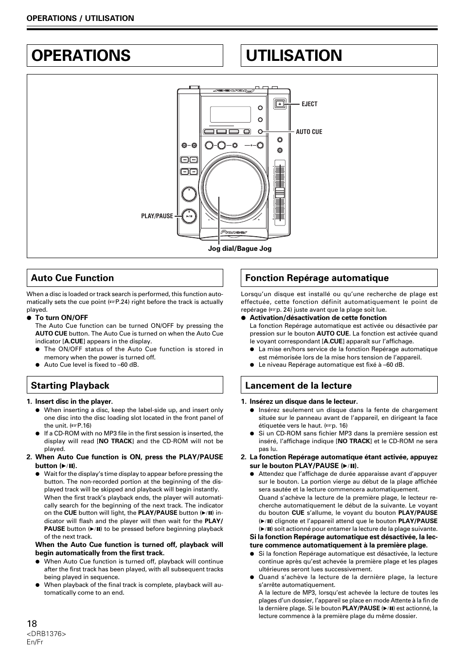 Operations, Auto cue function starting playback, Utilisation | Auto cue function, Starting playback, Fonction repérage automatique, Lancement de la lecture | Pioneer CDJ-200 User Manual | Page 18 / 92