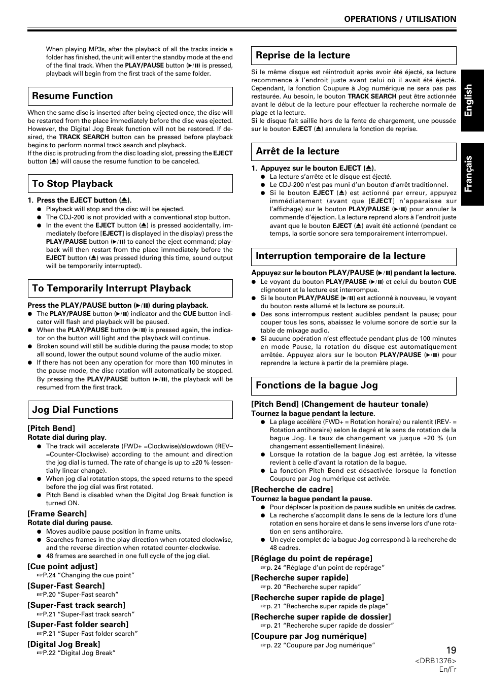 English fran ç ais, Resume function, Jog dial functions | Reprise de la lecture, Arrêt de la lecture, Interruption temporaire de la lecture, Fonctions de la bague jog | Pioneer CDJ-200 User Manual | Page 19 / 92