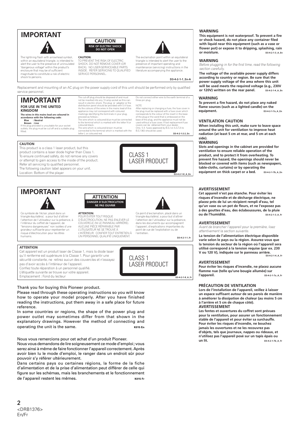 Important, Class 1 laser product, Attention | Caution, Drb1376> en/fr | Pioneer CDJ-200 User Manual | Page 2 / 92