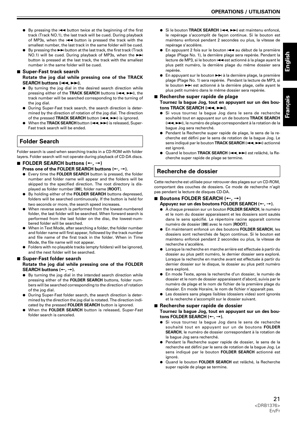 Folder search, Recherche de dossier, English fran ç ais | Pioneer CDJ-200 User Manual | Page 21 / 92