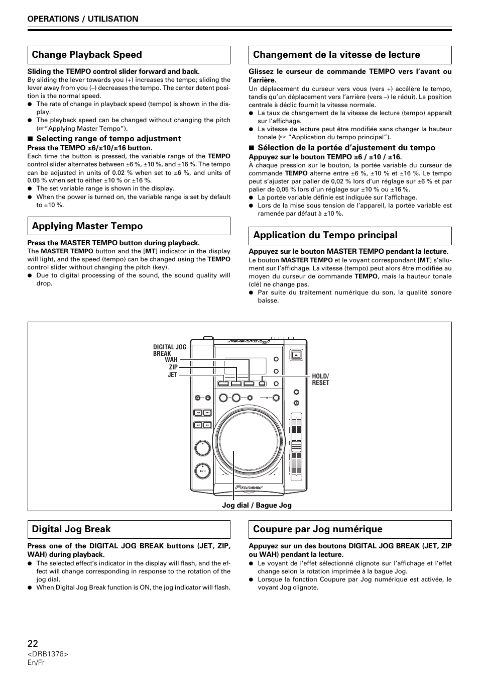 Change playback speed, Applying master tempo, Digital jog break | Changement de la vitesse de lecture, Application du tempo principal, Coupure par jog numérique | Pioneer CDJ-200 User Manual | Page 22 / 92