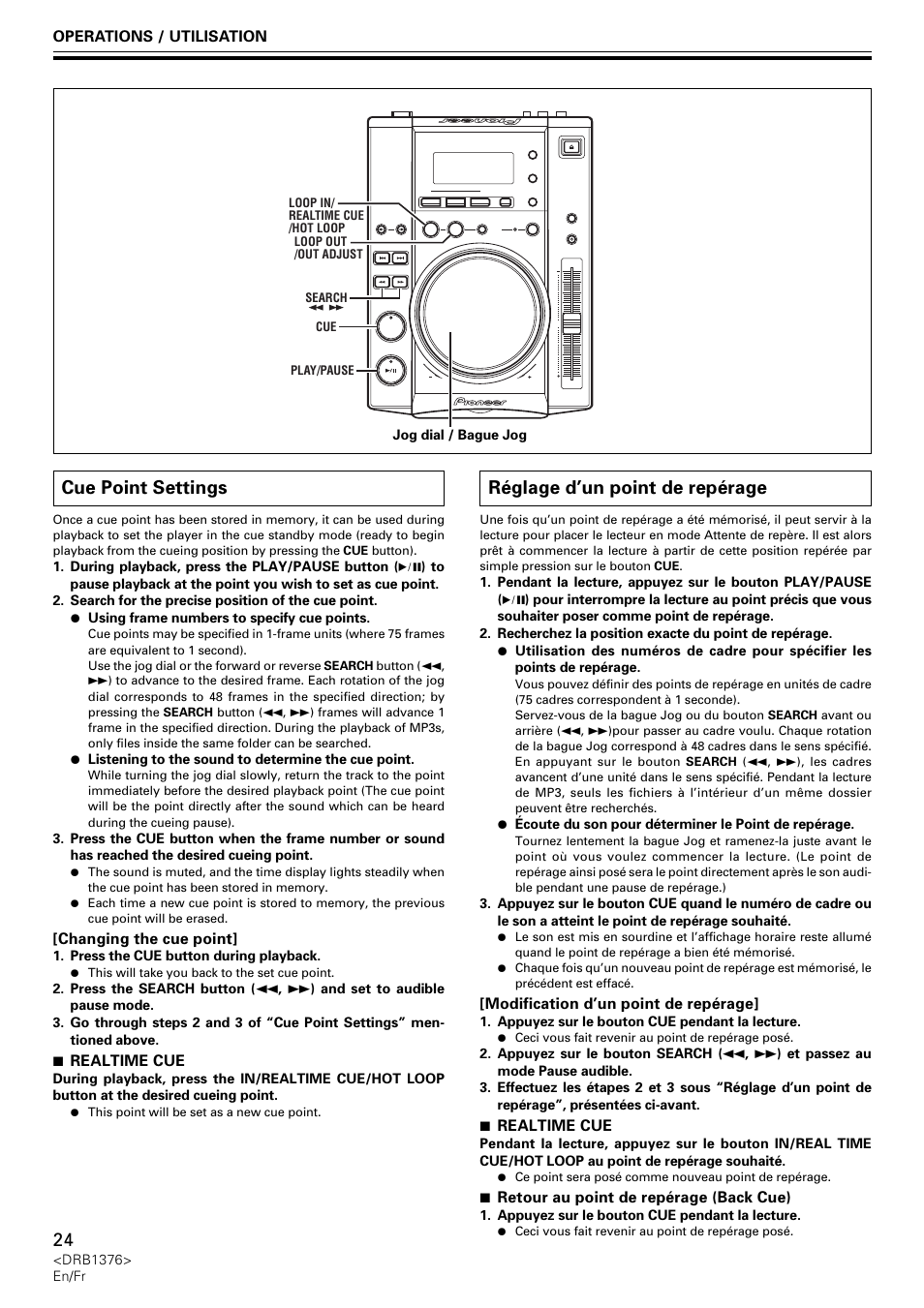 Cue point settings, Réglage d’un point de repérage | Pioneer CDJ-200 User Manual | Page 24 / 92