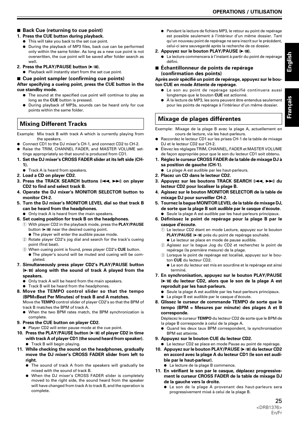 Mixing different tracks, Mixage de plages différentes, English fran ç ais | Pioneer CDJ-200 User Manual | Page 25 / 92