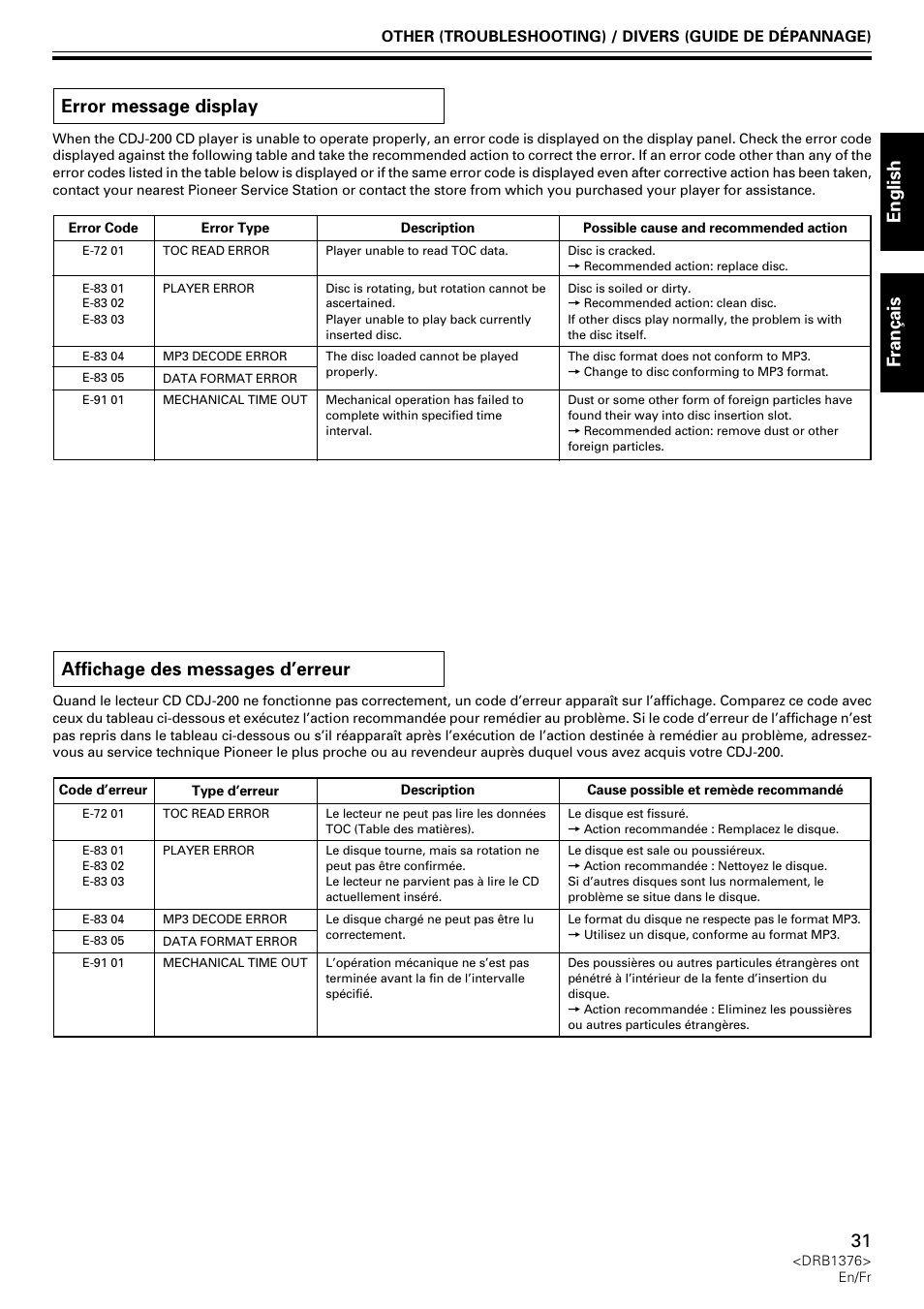 English fran ç ais error message display, Affichage des messages d’erreur | Pioneer CDJ-200 User Manual | Page 31 / 92