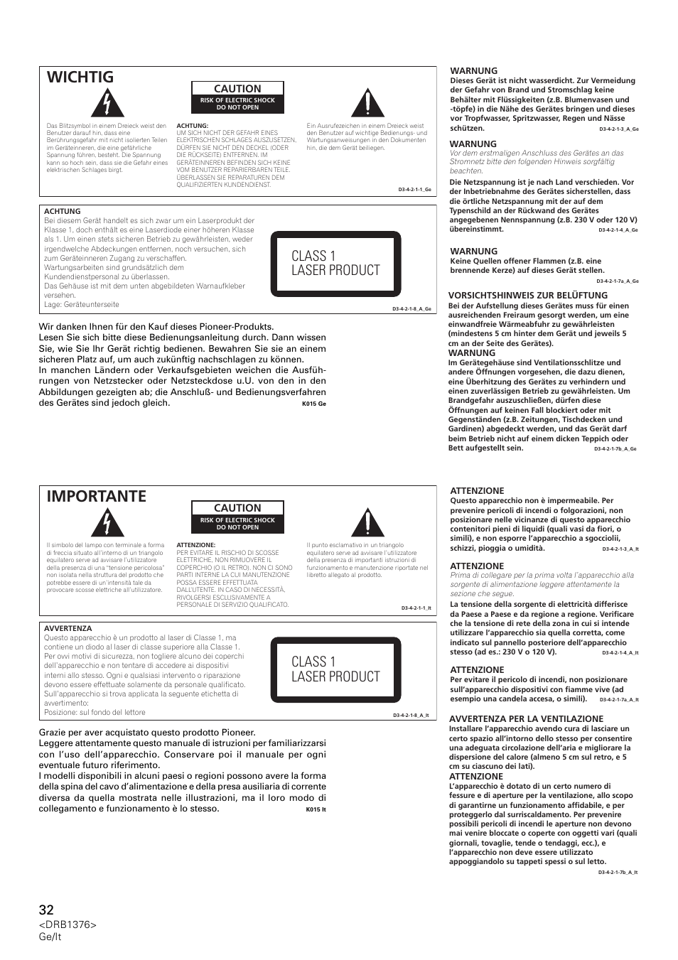Wichtig, Importante, Class 1 laser product | Caution, Drb1376> ge/it | Pioneer CDJ-200 User Manual | Page 32 / 92