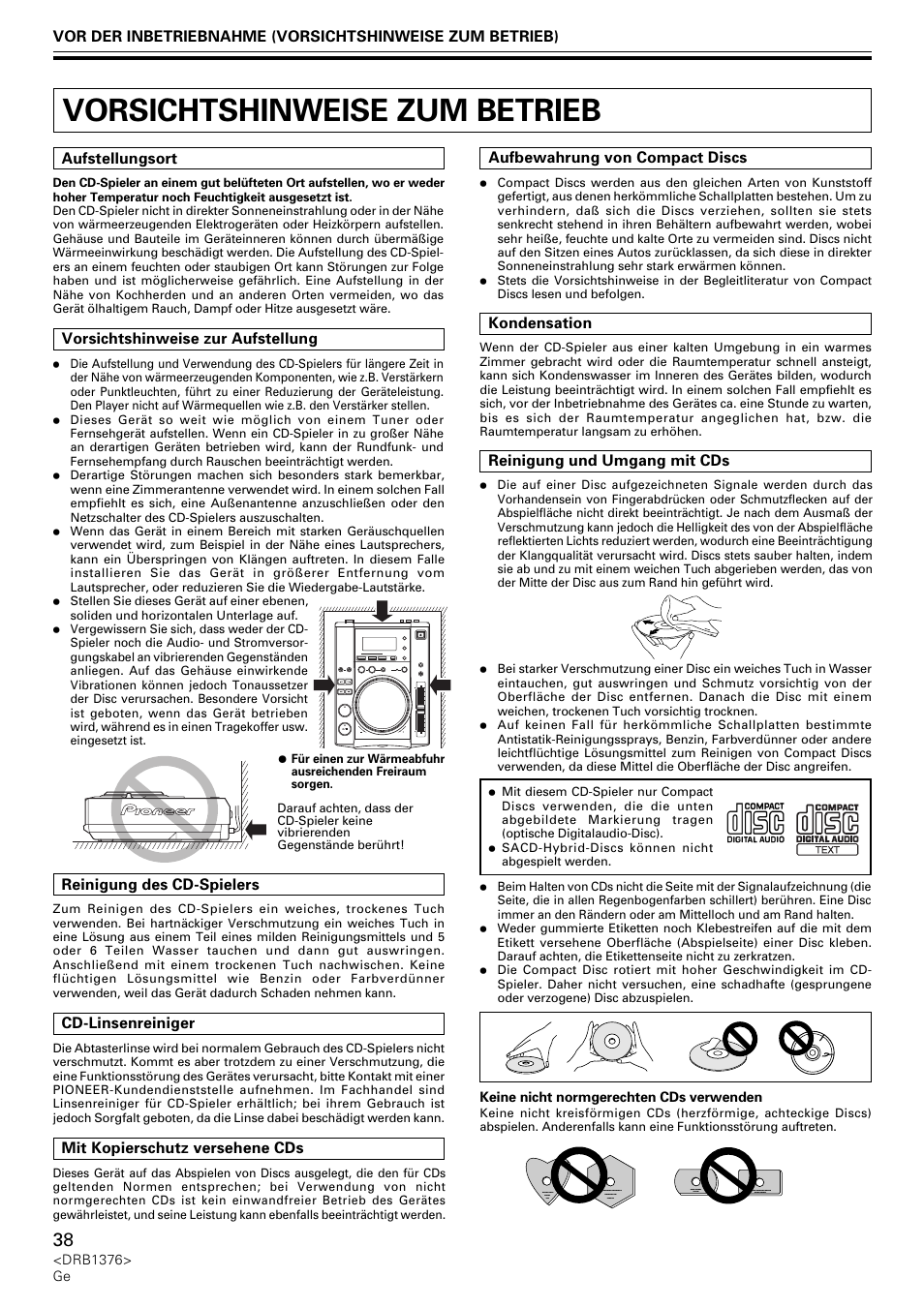 Vorsichtshinweise zum betrieb | Pioneer CDJ-200 User Manual | Page 38 / 92