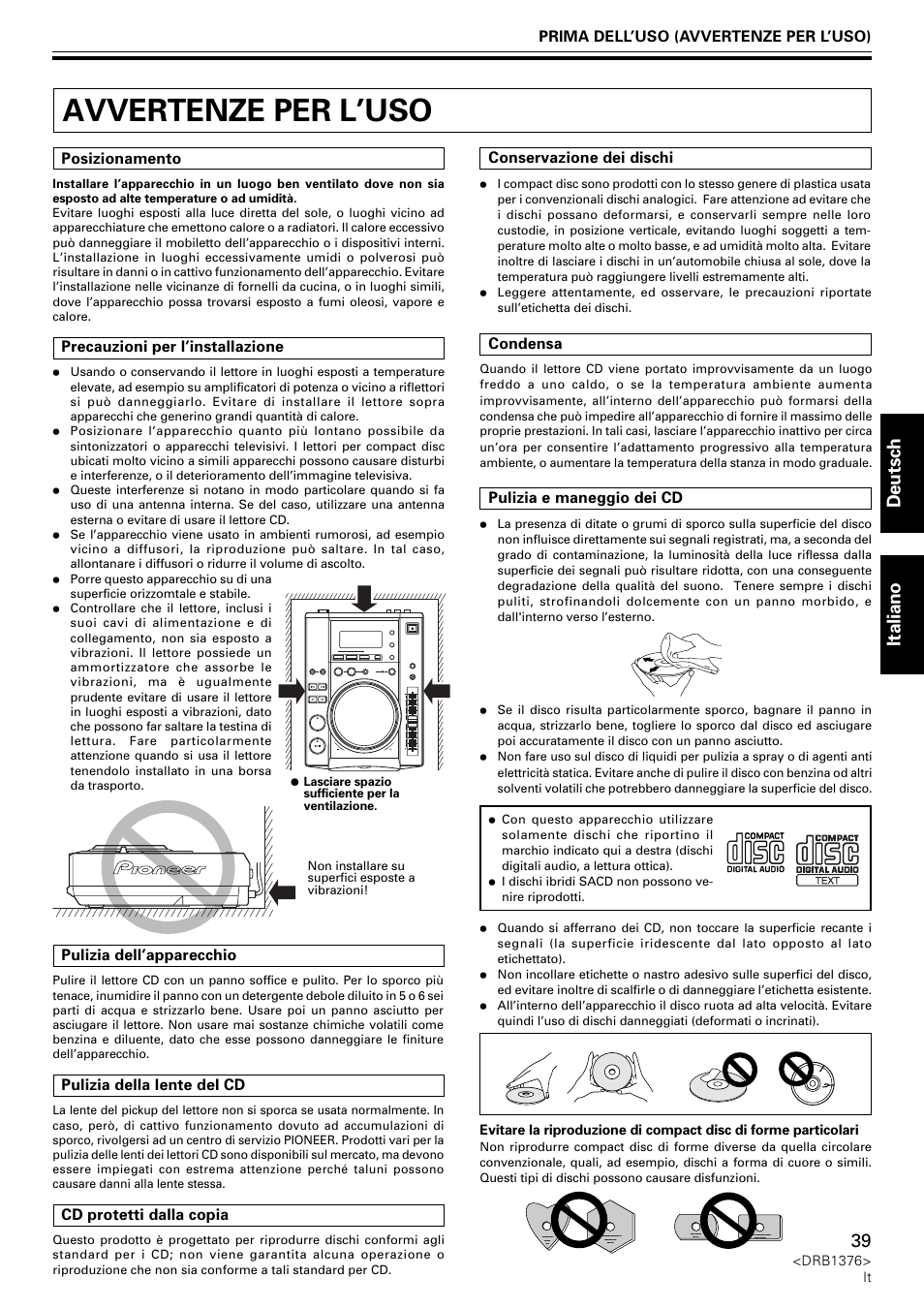 Avvertenze per l’uso, Deutsch italiano | Pioneer CDJ-200 User Manual | Page 39 / 92