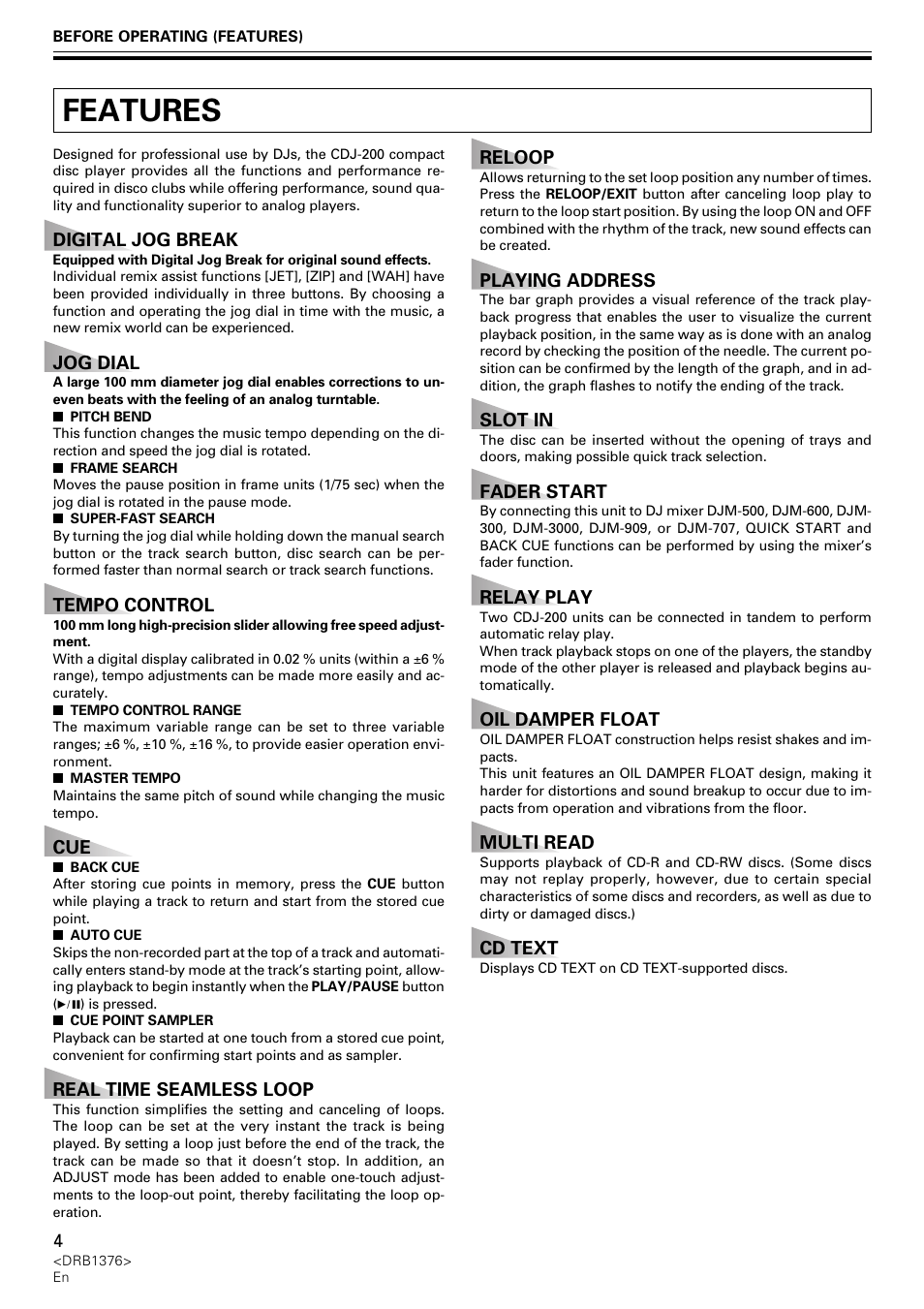 Features | Pioneer CDJ-200 User Manual | Page 4 / 92