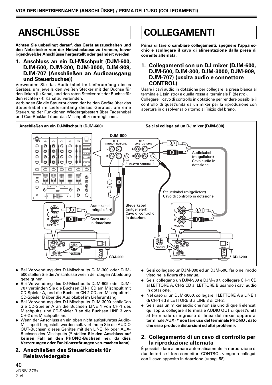 Anschlüsse, Collegamenti | Pioneer CDJ-200 User Manual | Page 40 / 92