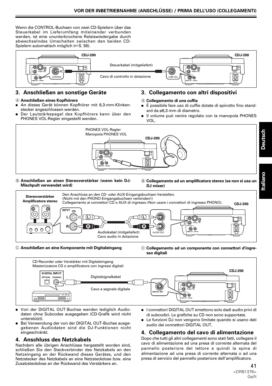 Deutsch italiano 3. anschließen an sonstige geräte, Anschluss des netzkabels, Collegamento con altri dispositivi | Collegamento del cavo di alimentazione | Pioneer CDJ-200 User Manual | Page 41 / 92