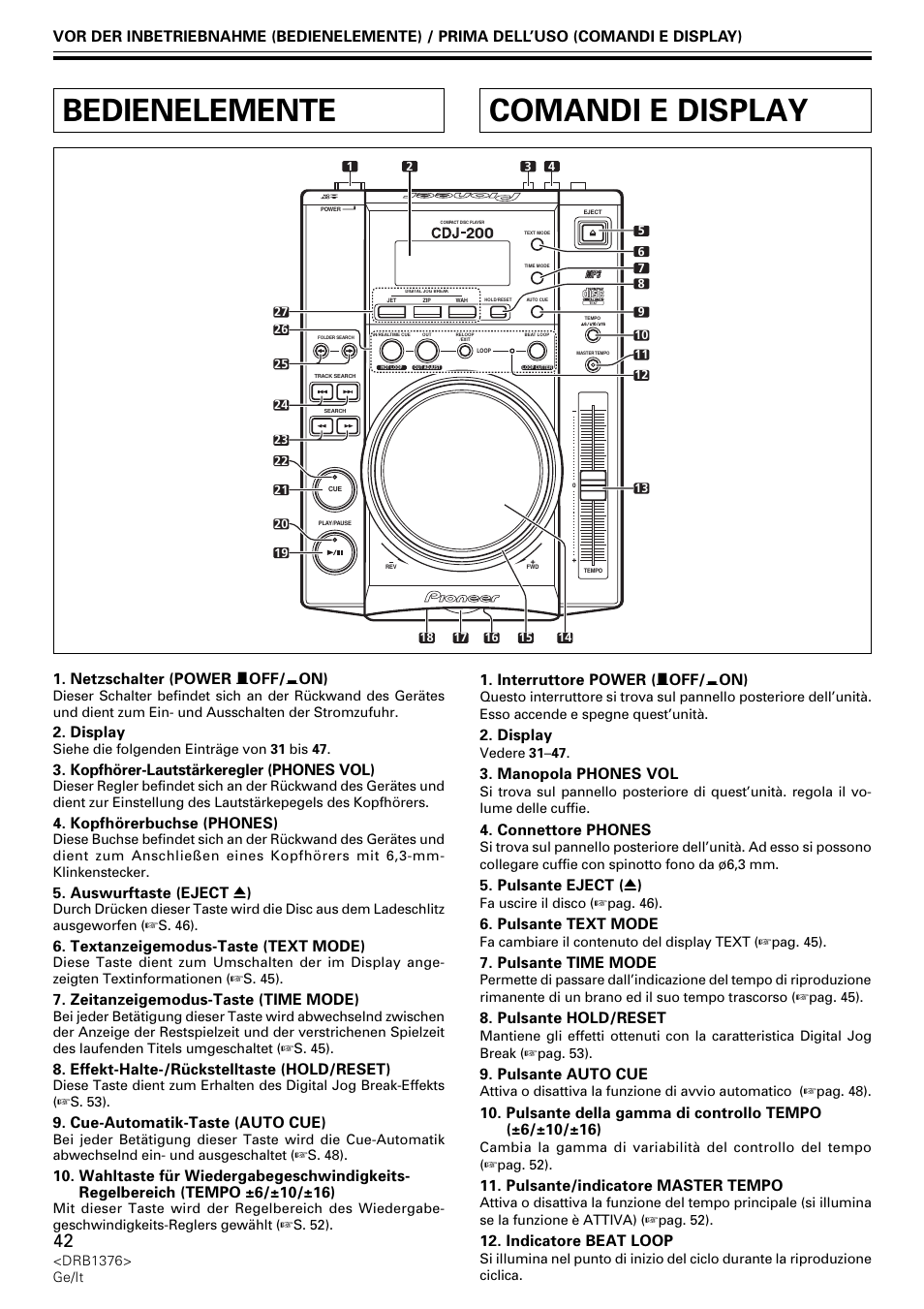 Bedienelemente, Comandi e display, Netzschalter (power — off/ _ on) | Display, Kopfhörer-lautstärkeregler (phones vol), Kopfhörerbuchse (phones), Auswurftaste (eject 0 ), Textanzeigemodus-taste (text mode), Zeitanzeigemodus-taste (time mode), Effekt-halte-/rückstelltaste (hold/reset) | Pioneer CDJ-200 User Manual | Page 42 / 92
