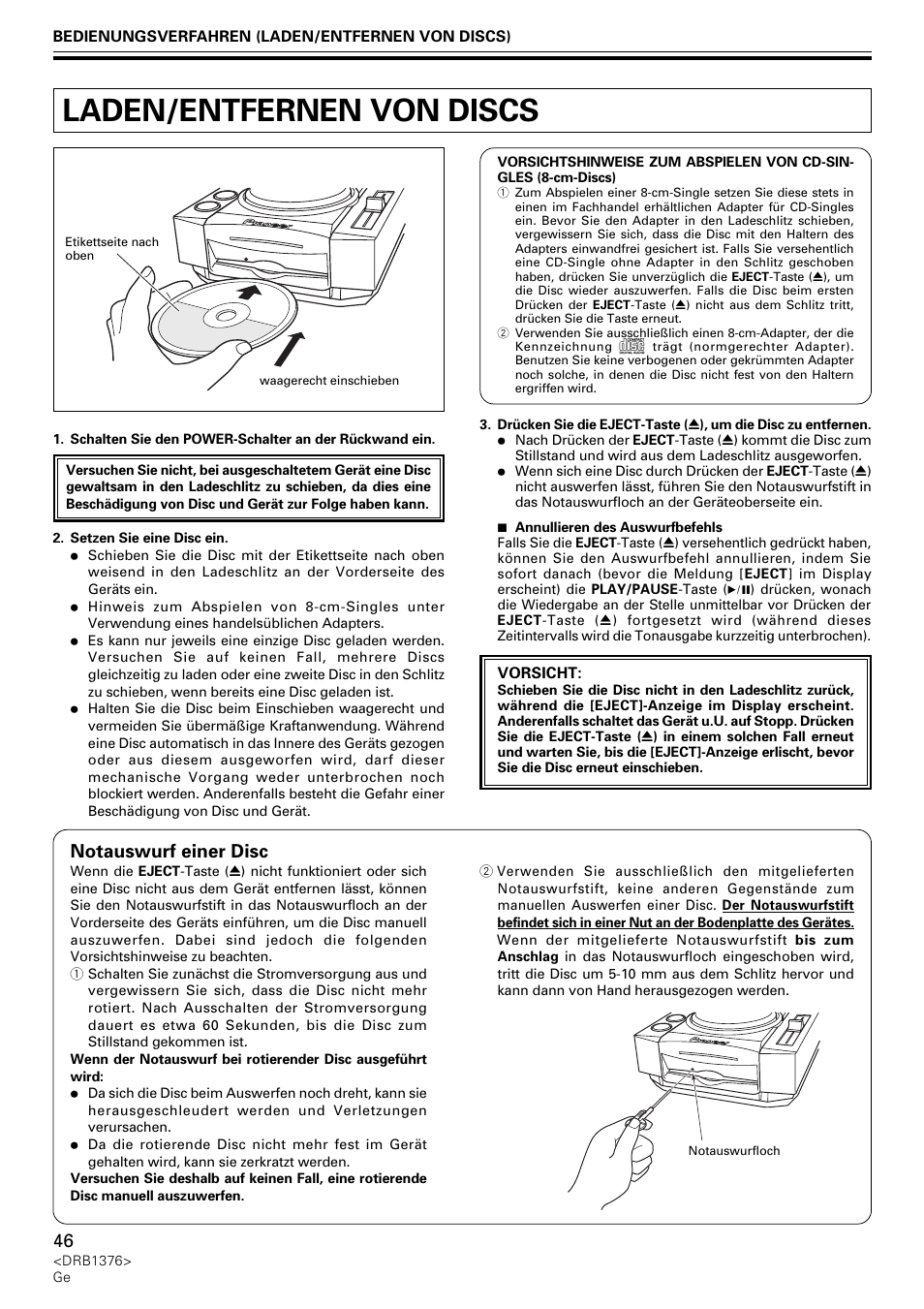 Laden/entfernen von discs, Notauswurf einer disc | Pioneer CDJ-200 User Manual | Page 46 / 92