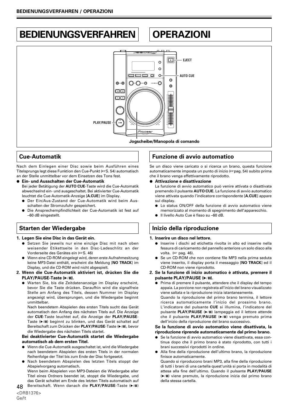 Bedienungsverfahren, Cue-automatik starten der wiedergabe, Operazioni | Cue-automatik, Starten der wiedergabe, Funzione di avvio automatico, Inizio della riproduzione | Pioneer CDJ-200 User Manual | Page 48 / 92