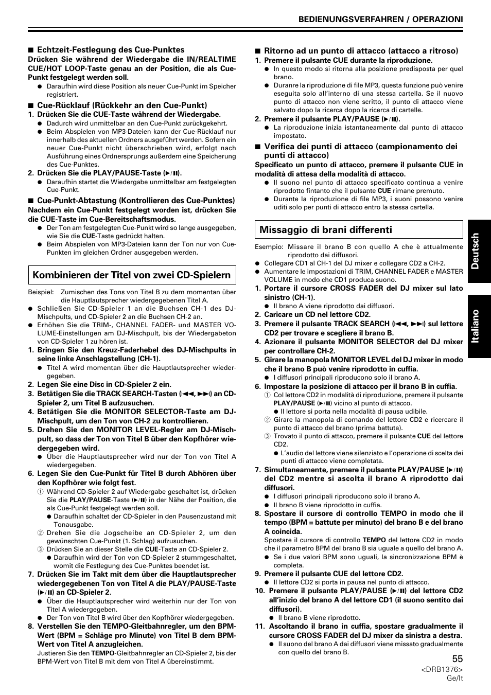 Kombinieren der titel von zwei cd-spielern, Missaggio di brani differenti, Deutsch italiano | Pioneer CDJ-200 User Manual | Page 55 / 92