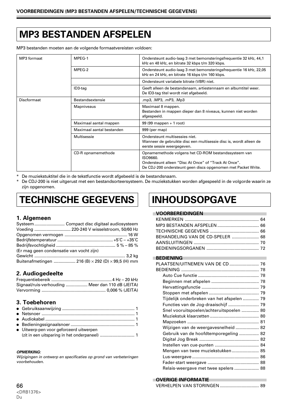 Gebruiksaanwijzing, Mp3 bestanden afspelen, Inhoudsopgave | Technische gegevens, Algemeen, Audiogedeelte, Toebehoren | Pioneer CDJ-200 User Manual | Page 66 / 92
