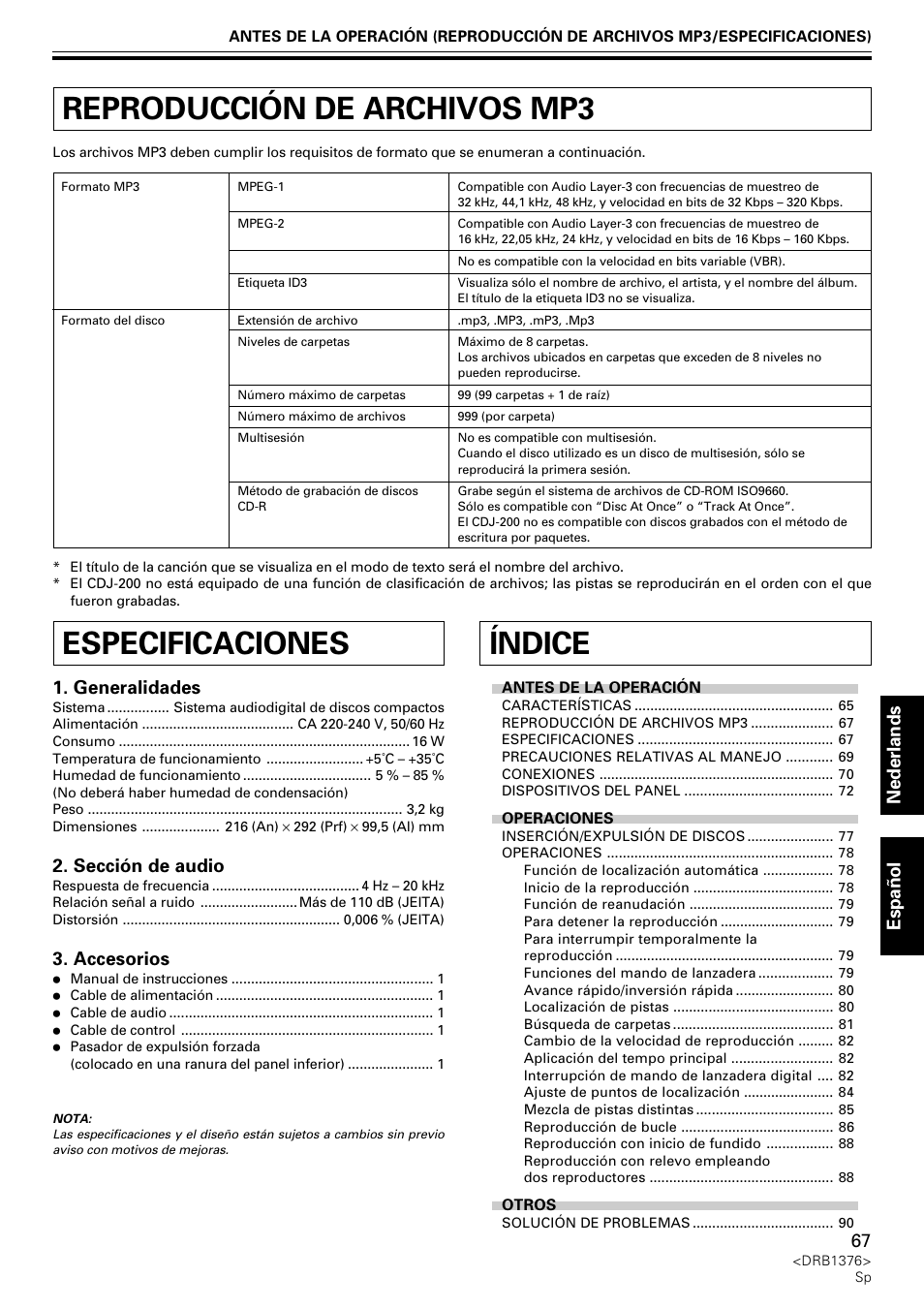 Manual de instrucciones, Reproducción de archivos mp3, Índice | Especificaciones, Nederlands espa ñ ol, Generalidades, Sección de audio, Accesorios | Pioneer CDJ-200 User Manual | Page 67 / 92