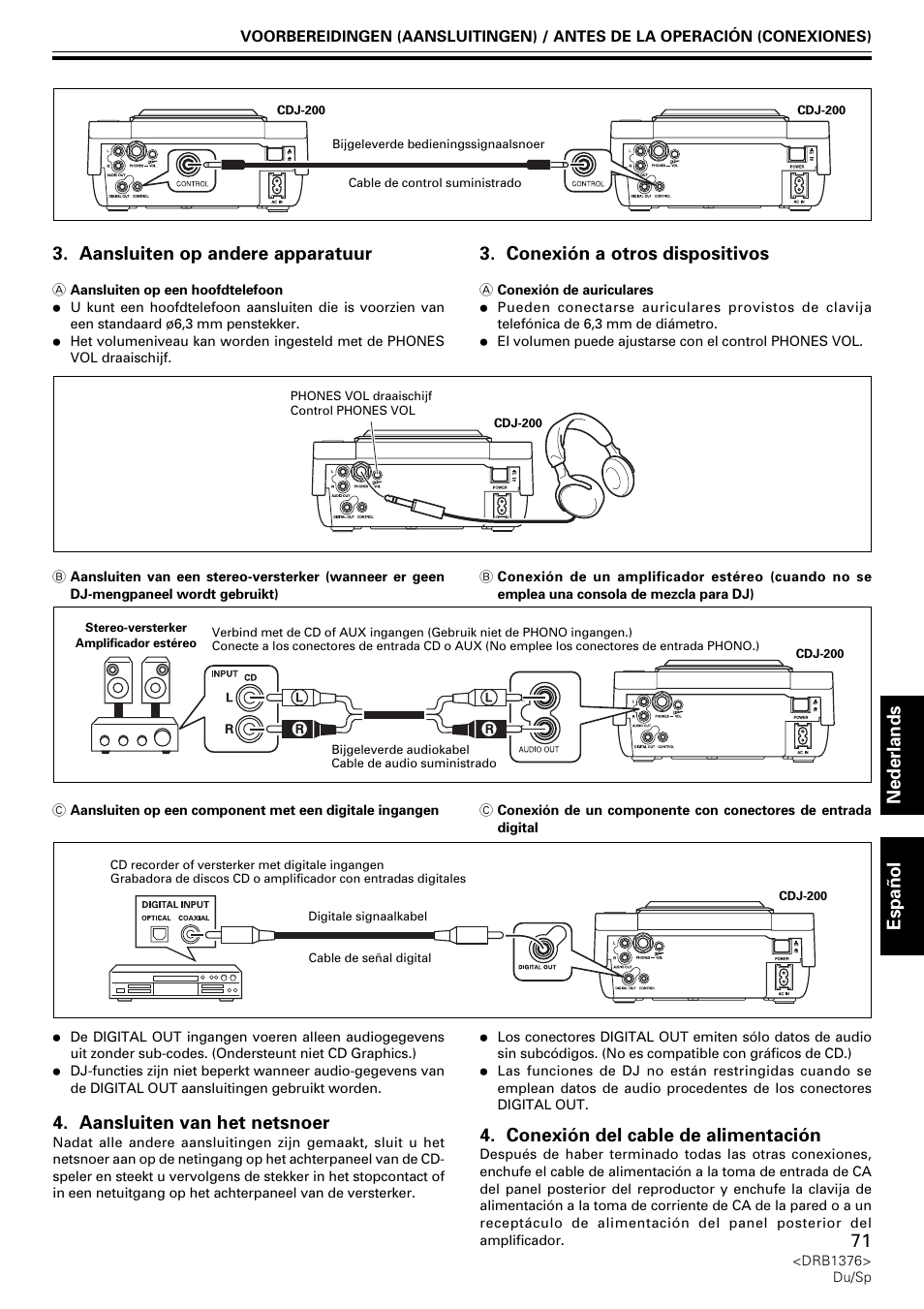 Aansluiten van het netsnoer, Conexión a otros dispositivos, Conexión del cable de alimentación | Pioneer CDJ-200 User Manual | Page 71 / 92