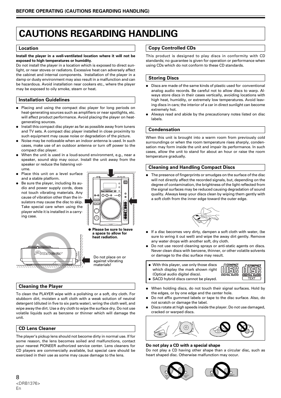 Cautions regarding handling | Pioneer CDJ-200 User Manual | Page 8 / 92