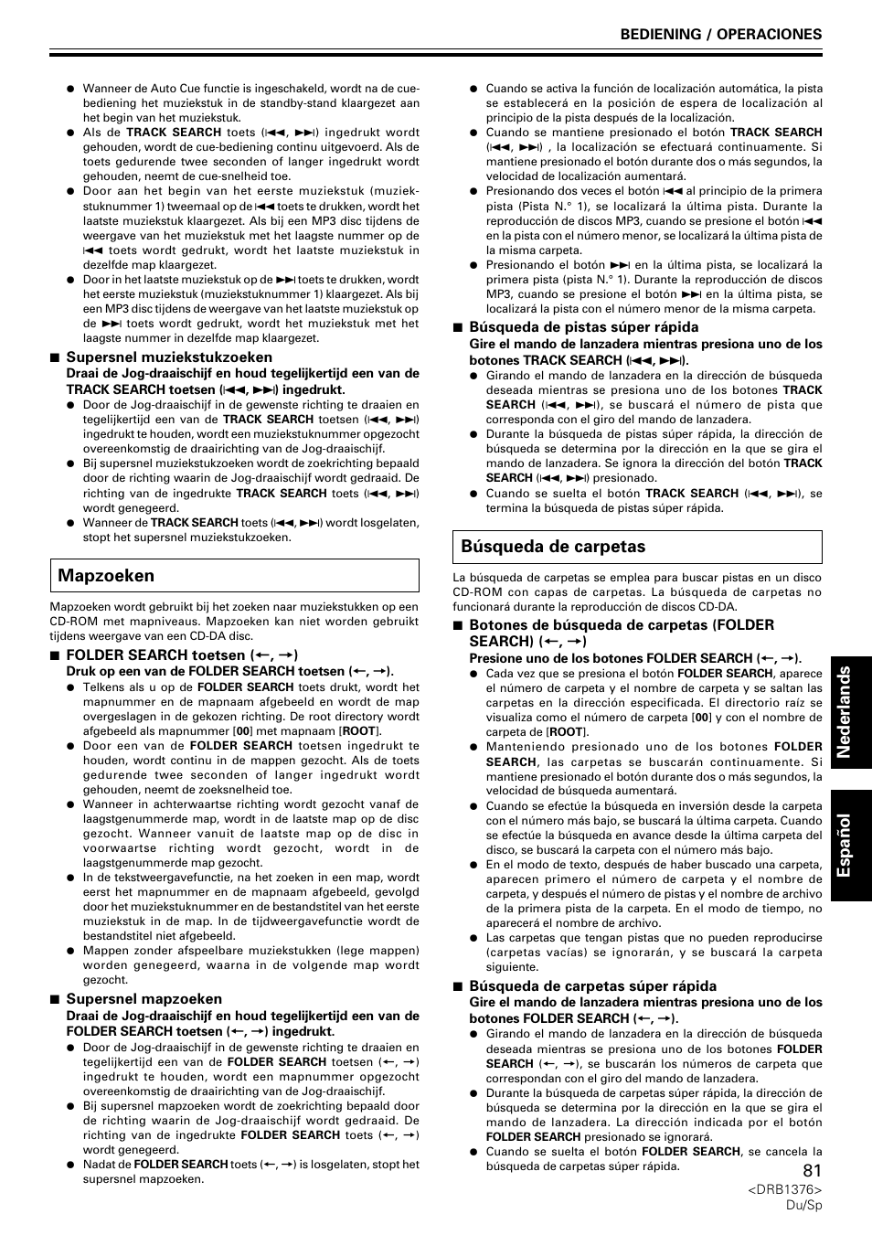 Mapzoeken, Búsqueda de carpetas, Nederlands espa ñ ol | Pioneer CDJ-200 User Manual | Page 81 / 92