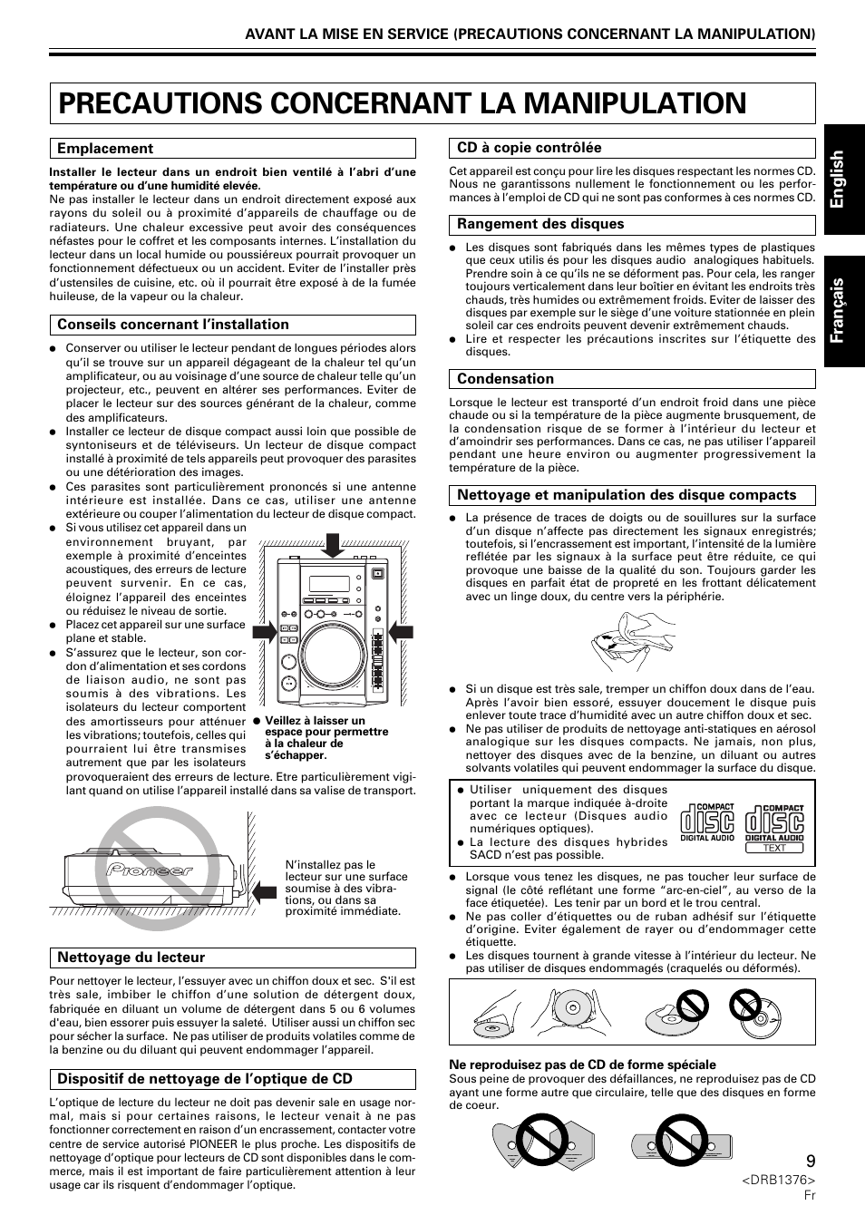 Precautions concernant la manipulation, English fran ç ais | Pioneer CDJ-200 User Manual | Page 9 / 92