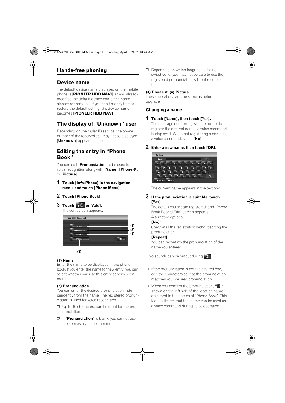 Hands-free phoning device name, The display of “unknown” user, Editing the entry in “phone book | Pioneer CNDV-700HD User Manual | Page 13 / 18