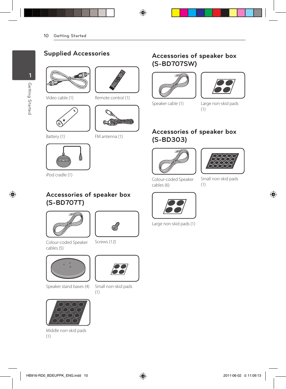 S-bd707t), 10 – accessories of speaker box, S-bd707sw) | S-bd303), Supplied accessories, Accessories of speaker box (s-bd707t), Accessories of speaker box (s-bd707sw), Accessories of speaker box (s-bd303) | Pioneer BCS-313 User Manual | Page 10 / 436