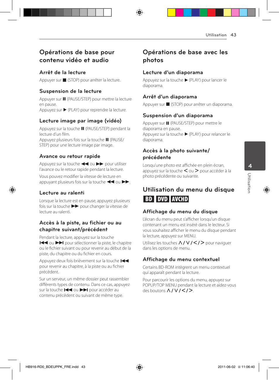 43 – opérations de base pour contenu, Vidéo et audio, Opérations de base pour contenu vidéo et audio | Opérations de base avec les photos, Utilisation du menu du disque ero | Pioneer BCS-313 User Manual | Page 113 / 436