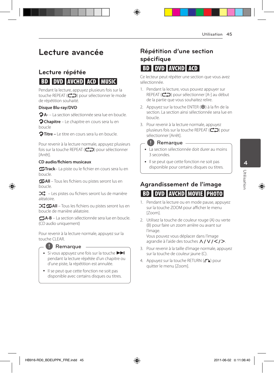 Lecture avancée, Lecture répétée erotu, Agrandissement de l'image eroyi | Pioneer BCS-313 User Manual | Page 115 / 436