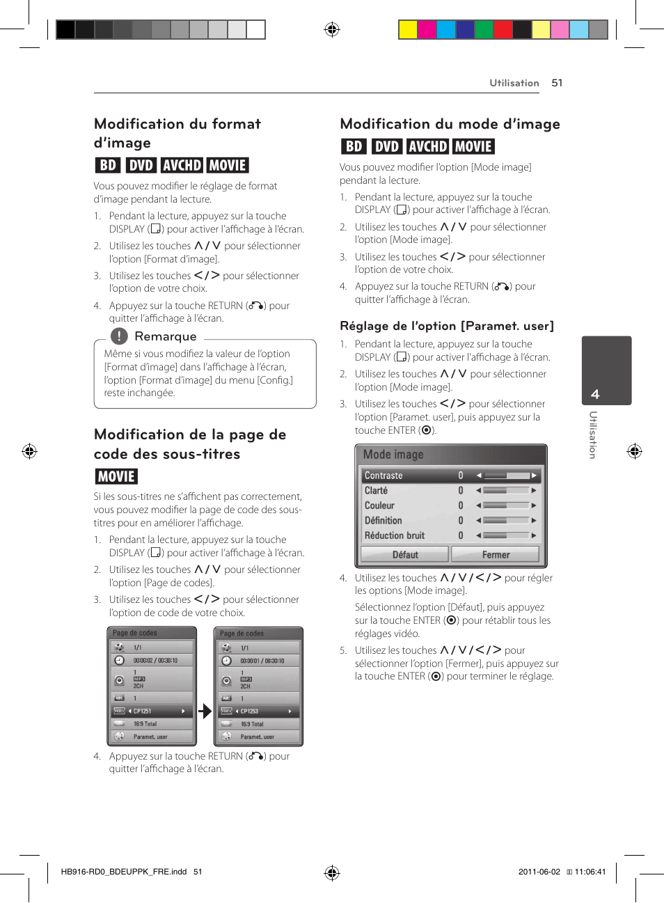 Sous-titres, 51 – modification du mode d’image, Modification du format d’image eroy | Modification de la page de code des sous-titres y, Modification du mode d’image eroy | Pioneer BCS-313 User Manual | Page 121 / 436