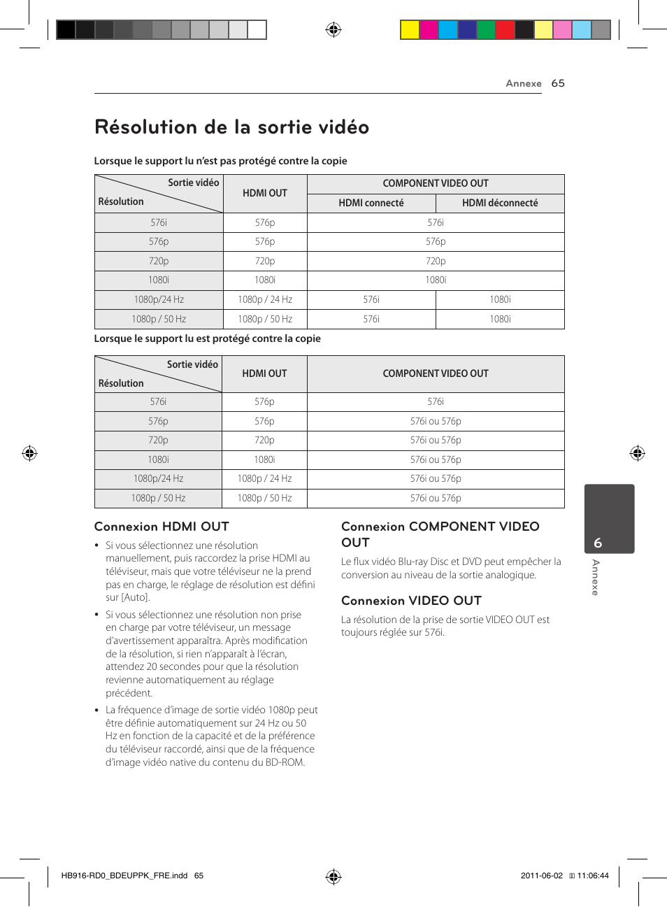 65 résolution de la sortie vidéo, Résolution de la sortie vidéo, Connexion hdmi out | Connexion component video out, Connexion video out | Pioneer BCS-313 User Manual | Page 135 / 436