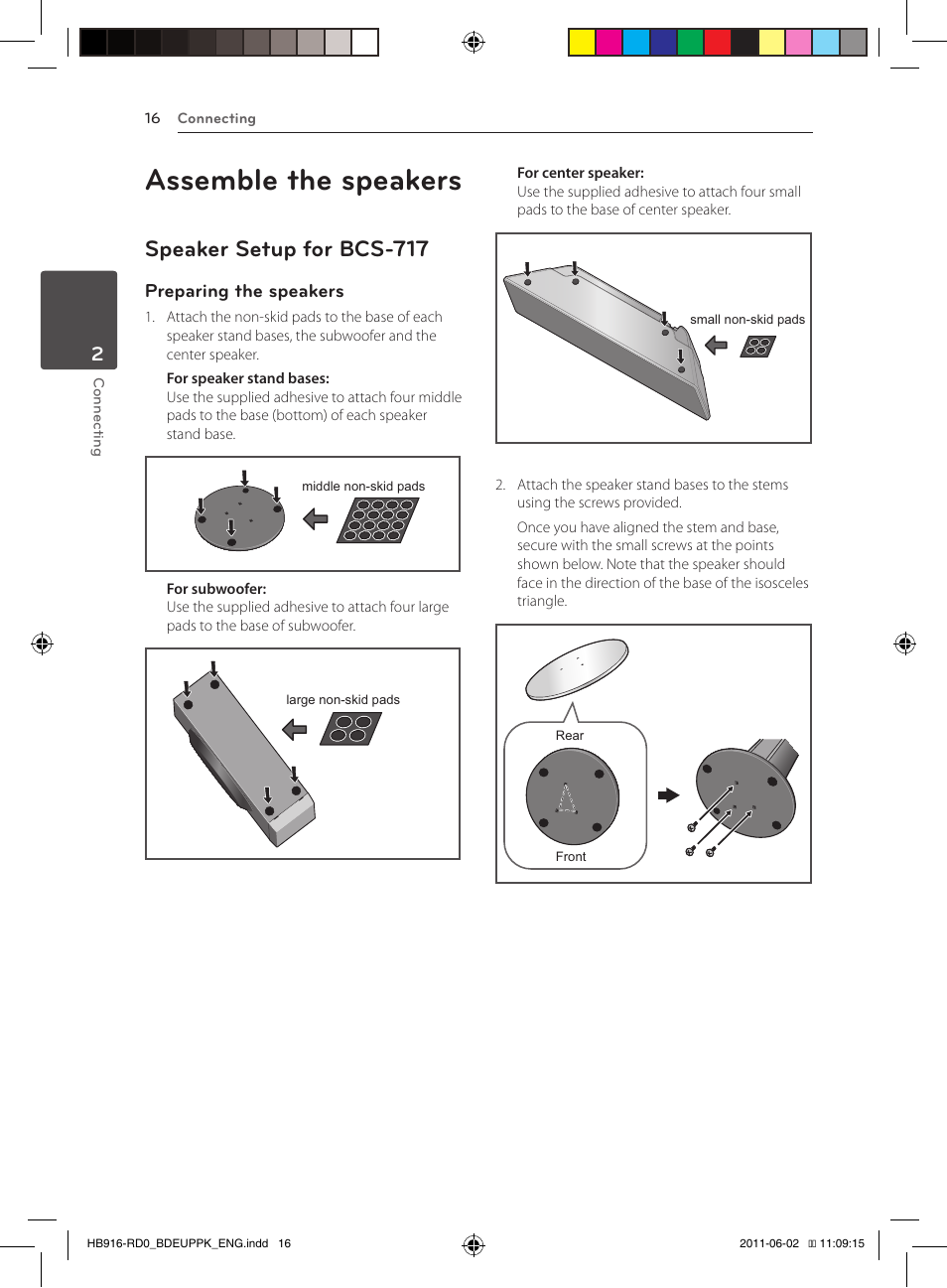 Assemble the speakers, 16 – speaker setup for bcs-717, Speaker setup for bcs-717 | Preparing the speakers | Pioneer BCS-313 User Manual | Page 16 / 436