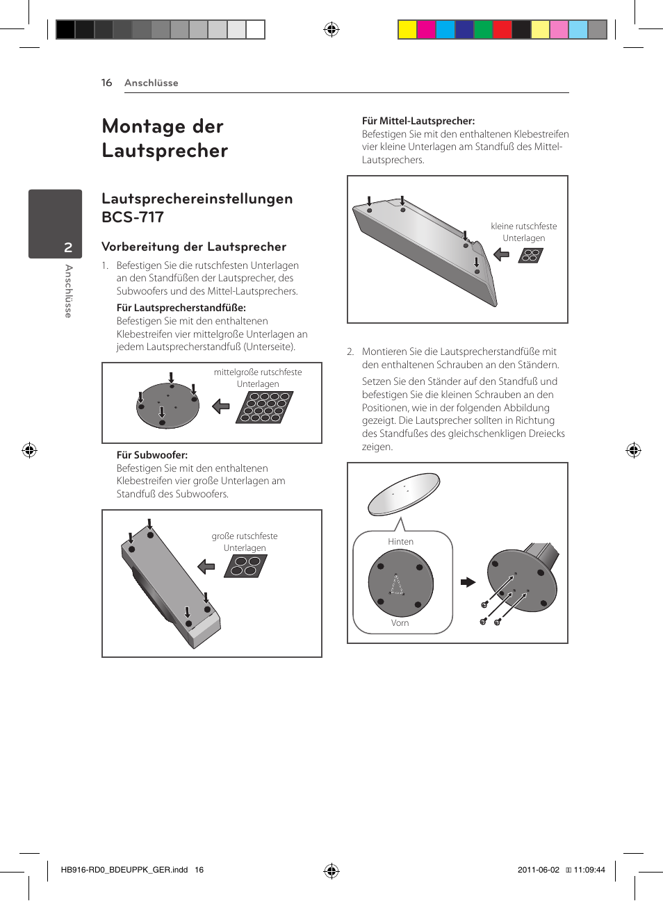 Montage der lautsprecher, 16 – lautsprechereinstellungen bcs-717, Lautsprechereinstellungen bcs-717 | Vorbereitung der lautsprecher | Pioneer BCS-313 User Manual | Page 162 / 436